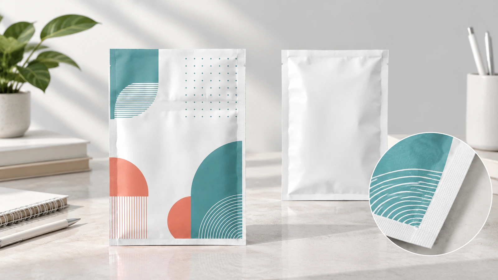 Protect transport quality and preserve the approved reorder specification Protected stacks of empty flat pouches in a shipping carton beside retained samples and reorder records