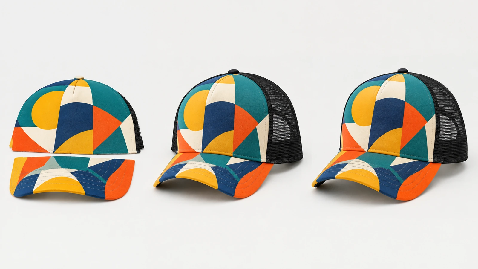 Designer checking vector logo file, thread colors, and seam clearance before a trucker cap proof