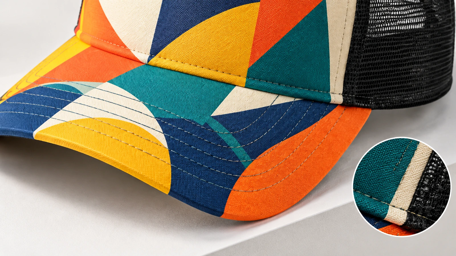 Trucker cap front surface options with twill and foam fronts plus plastic snap and strap closures