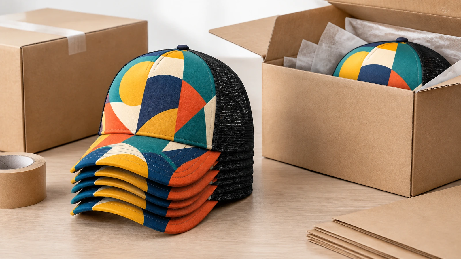 Inspector measuring logo placement and checking stitching on a custom trucker cap