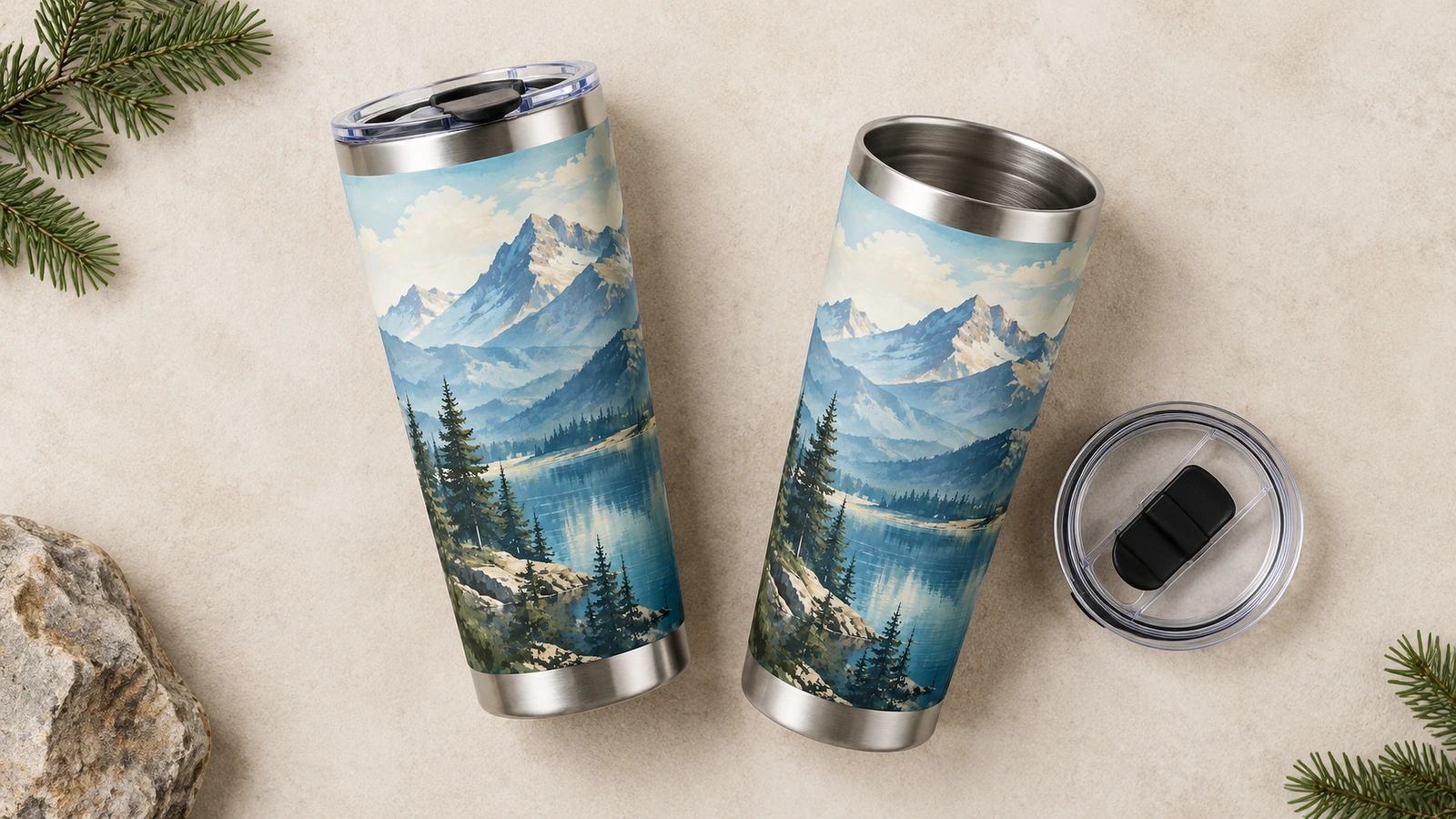 Tumbler size and engraving readability check Tumblers in three sizes showing engraving window and logo legibility on light and dark finishes