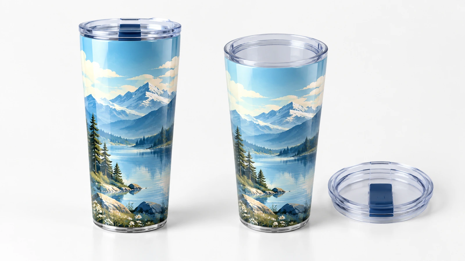 Printable area comparison on custom plastic tumblers showing logo size and readability at arm's length