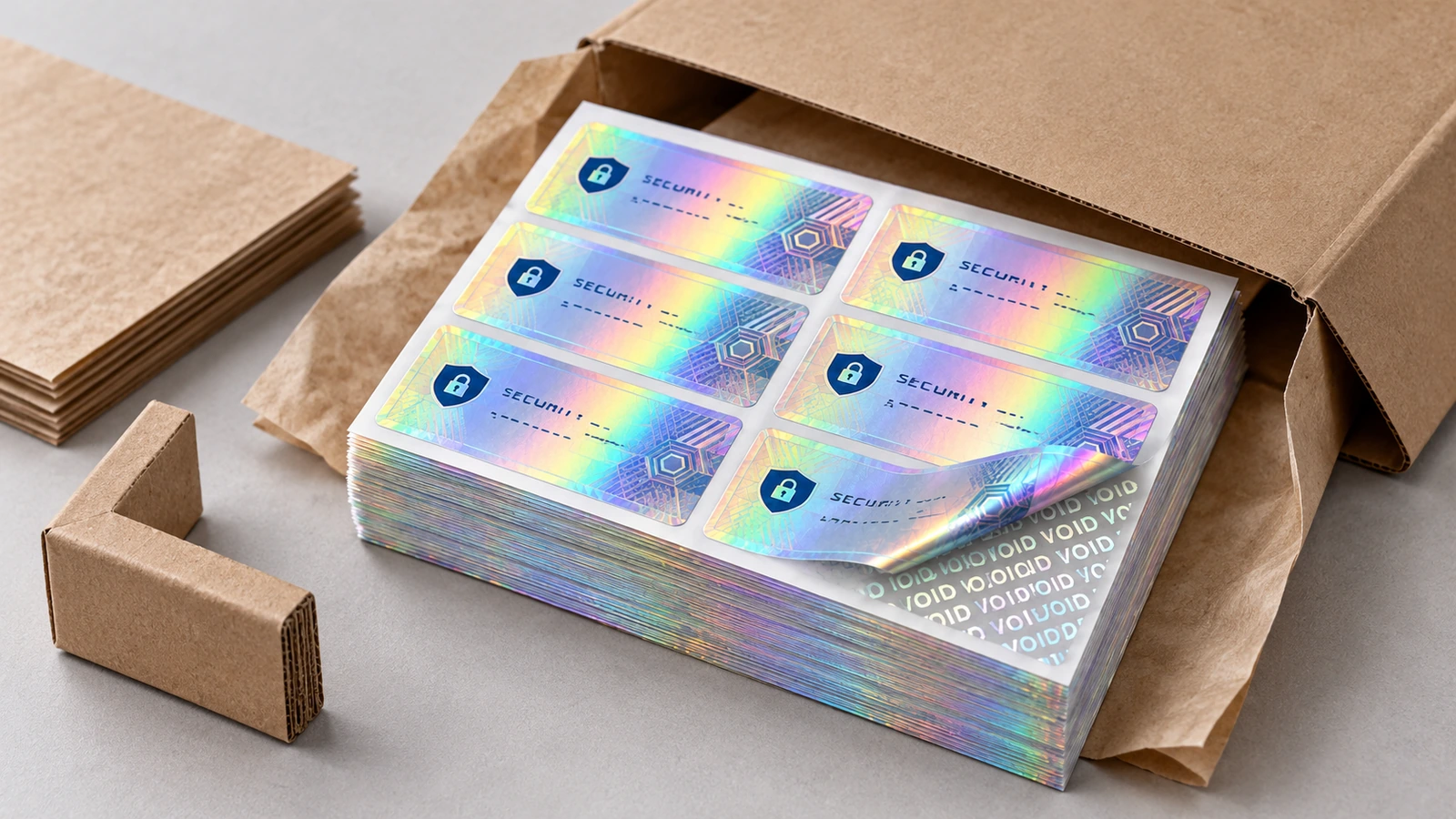 Quality inspection of custom VOID hologram labels on customer packaging Inspector peeling a VOID hologram label on a real carton to check residue and serial numbers