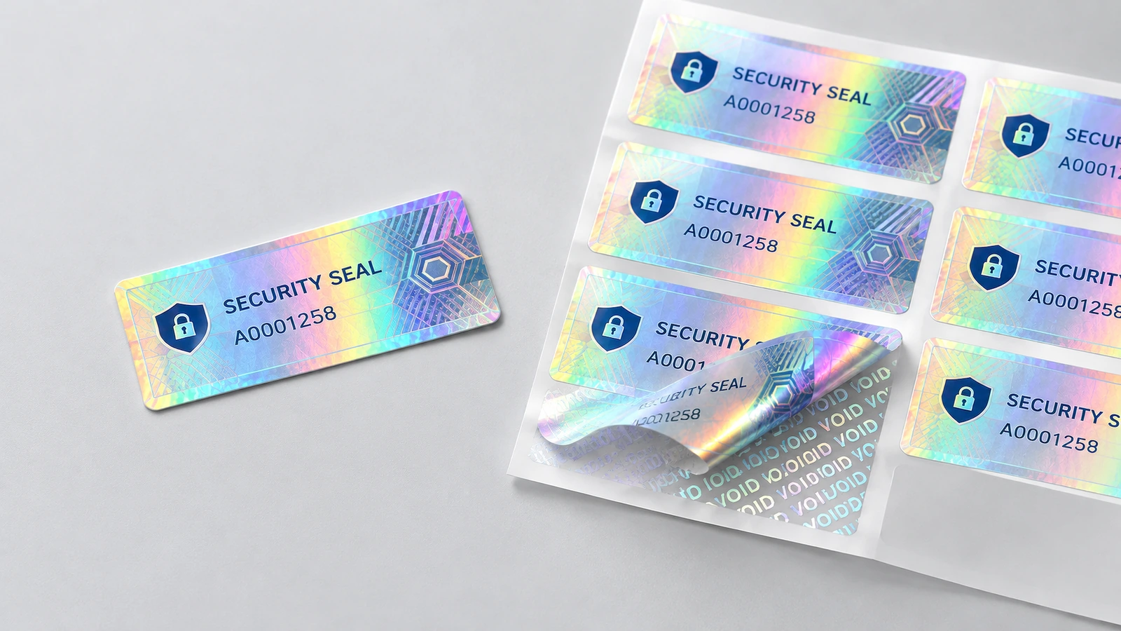 Sizing custom VOID hologram labels for readable tamper evidence VOID hologram label size comparison with message legibility on a carton seam