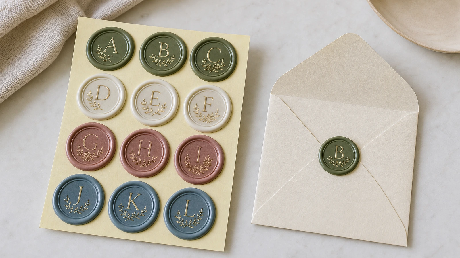 Wax seal sticker size and readability comparison Wax seal stickers in three finished sizes beside a ruler showing monogram readability