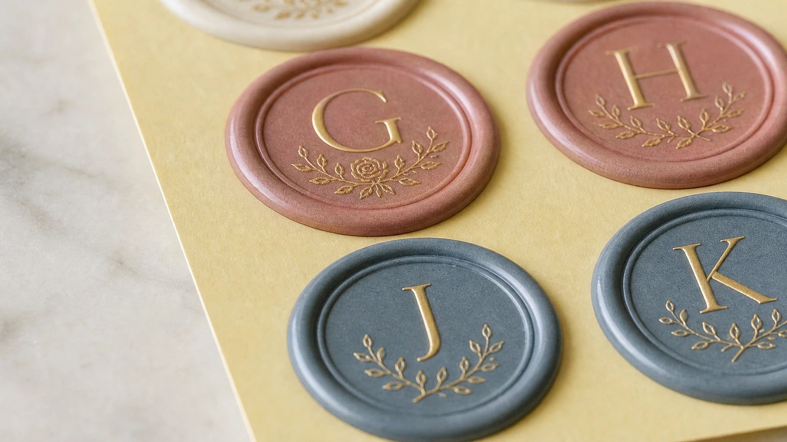 Wax seal sticker surface and adhesive backing options Wax seal stickers on paper, vellum and glass with adhesive backing shown
