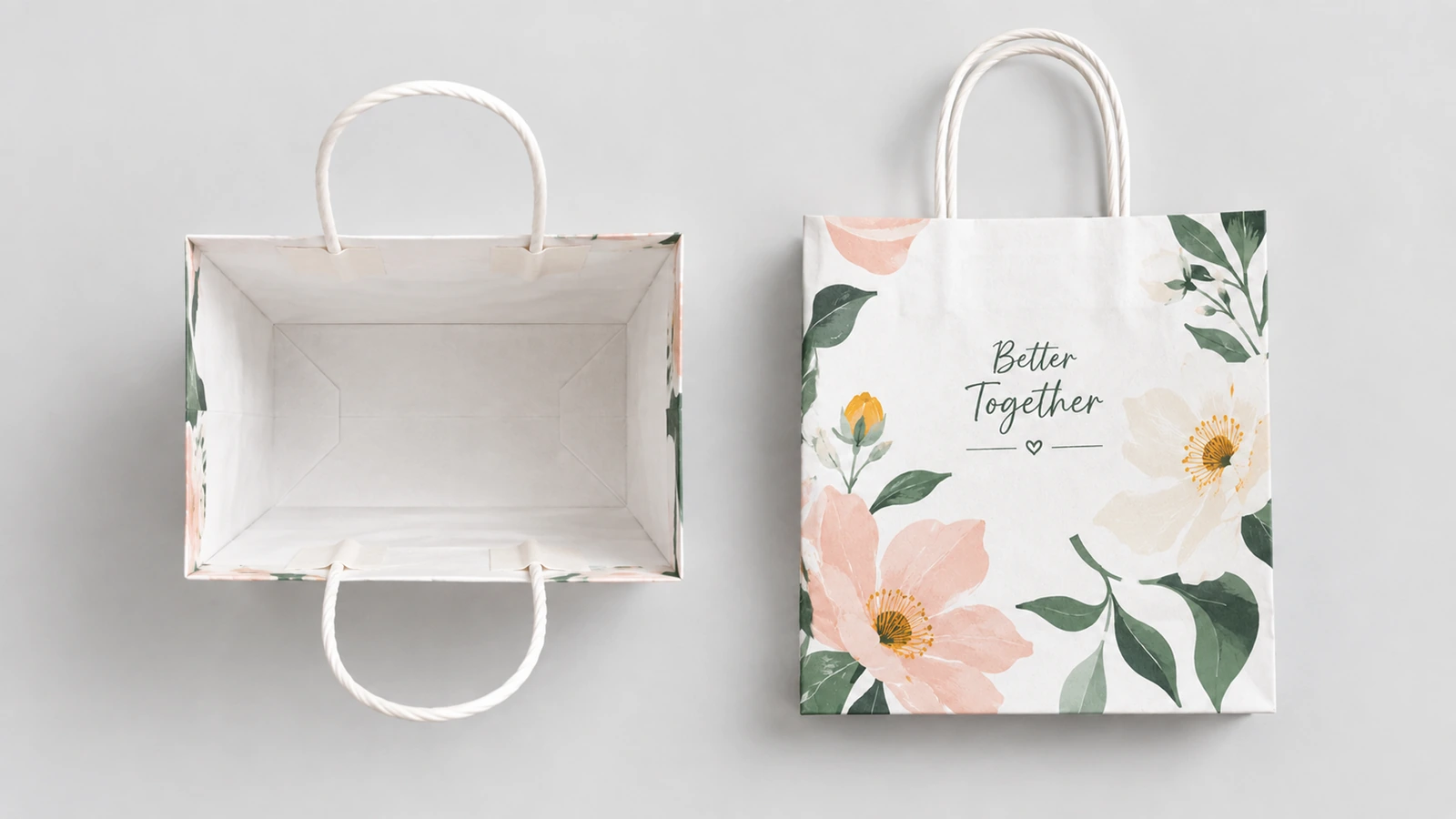 Bag measurement directions and actual-size artwork readability White kraft bag showing width, gusset and height directions with a separate logo readability proof