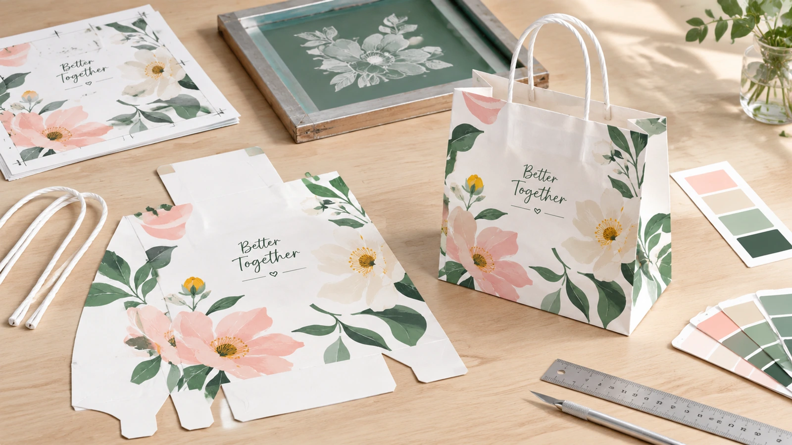 Retail and gift presentation scenarios for white kraft shopping bags White kraft shopping bags with twisted handles beside boxed retail goods and wrapped gifts