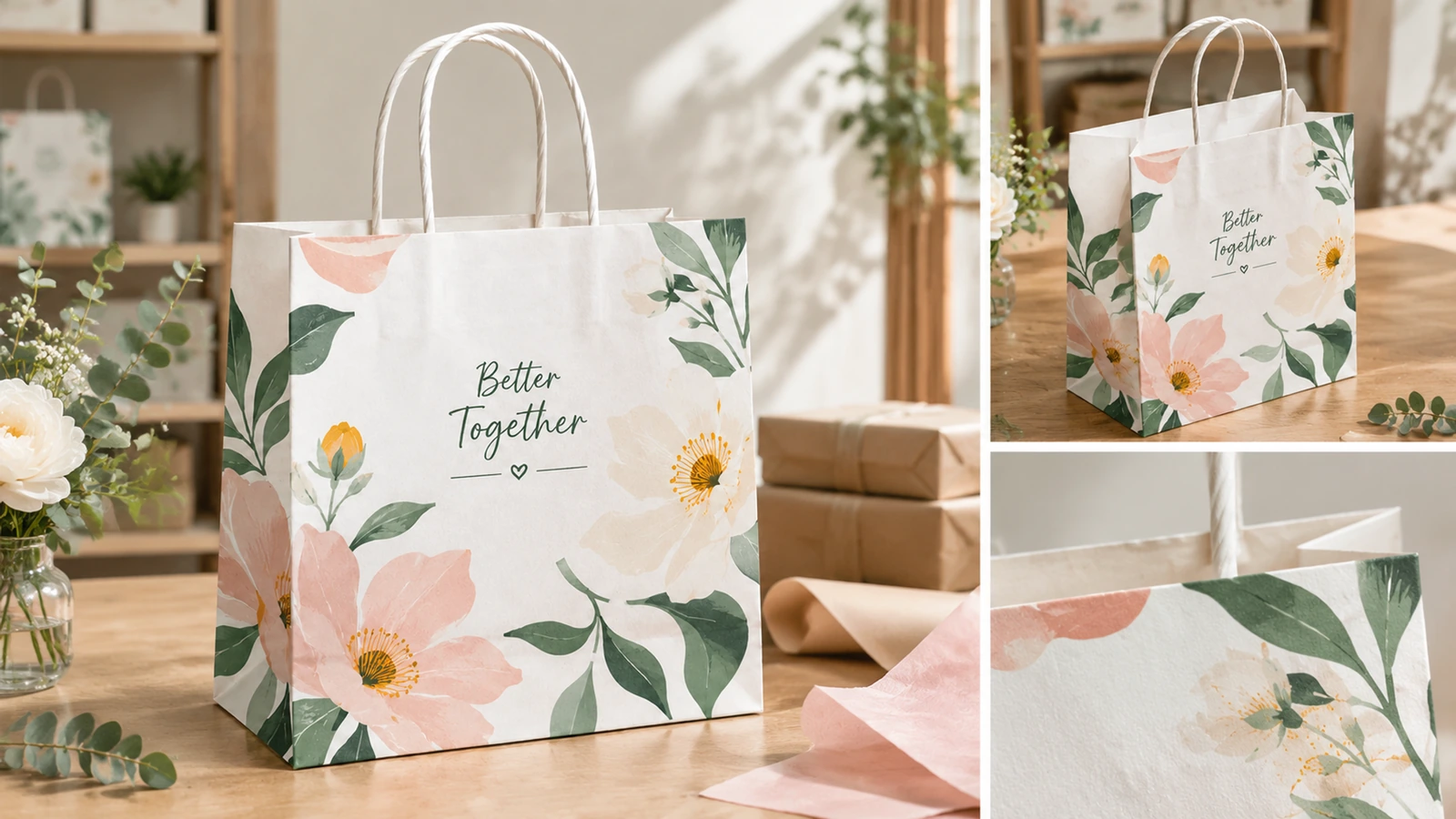 Protecting bag presentation during shipping and repeat purchasing White kraft bags packed in protective cartons beside retained samples and reorder records