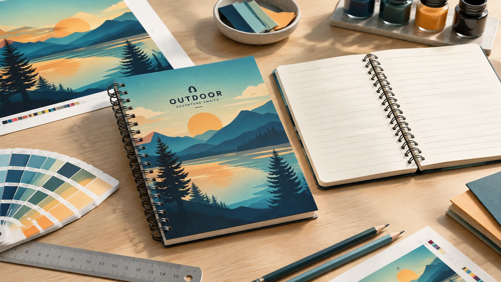 Notebook applications to discuss during quotation Concept arrangement of double-loop notebooks for meetings, onboarding kits and retail planners