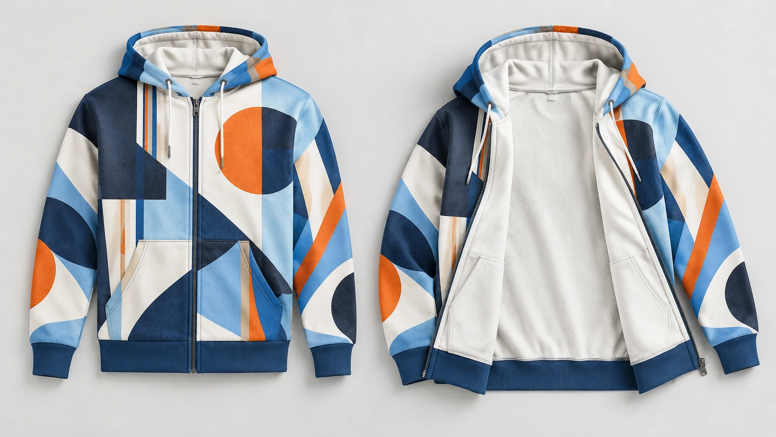 Full-zip hoodie decoration zones showing chest logo size, zipper clearance, and back print area