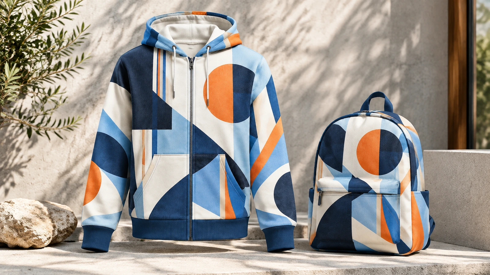 Production line cutting fleece panels, printing chest logos, and sewing zipper plackets
